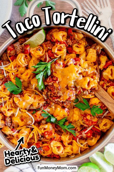 This Cheesy Taco Tortellini is a great way to add a fun and delicious twist to Taco Tuesday. It’s a hearty dish the whole family will absolutely love. Mexican Tortellini Recipes, Taco Ravioli, Cheap Tortellini Recipes, Tortellini Taco Pasta, Taco Tortellini Casserole, Taco Tortellini, Tortellini Taco Bake, Mexican Tortellini, Taco Tuesday Meals