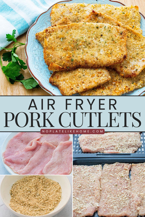 These Air Fryer Pork Cutlets have a nice crispy crust made with a mixture of panko breadcrumbs and Italian breadcrumbs and are seasoned with garlic, onion, salt and black pepper. This recipe is low in fat and calories because it’s made with little oil. Plus, it goes with many side dishes and is ready in just 30 minutes. Breaded Pork Recipes, Pork Cutlets Recipe Airfryer, Crispy Pork Cutlets, Breaded Pork Cutlets Air Fryer, Air Fryer Schnitzel Pork, Panko Pork Chops Air Fryer, Air Fried Pork Cutlets, Air Fryer Pork Cutlets Recipe, Pork Cutlet Recipes Airfryer