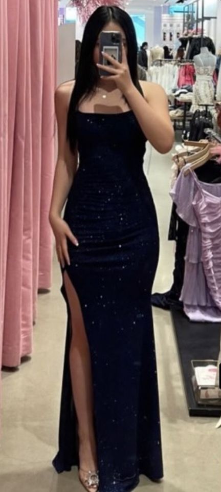 Blue Grad Dresses, 8th Grade Prom Dresses, Dark Blue Prom Dress, Prom Dress With Split, Blue Sparkly Dress, Navy Blue Prom Dress, Midnight Blue Dress, Navy Prom Dresses, Navy Blue Prom Dresses