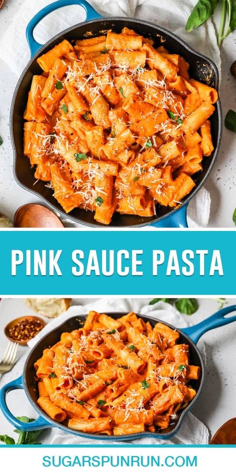 A close cousin to to penne alla vodka, pink sauce pasta is made with a velvety smooth tomato cream sauce. Just a few minutes of hands-on time for restaurant-quality flavor! Pink Sauce Pasta, Pink Pasta, Vodka Sauce Recipe, Sugar Spun Run, Tomato Cream Sauce, Penne Alla Vodka, Pink Sauce, Alla Vodka, Sauce Pasta