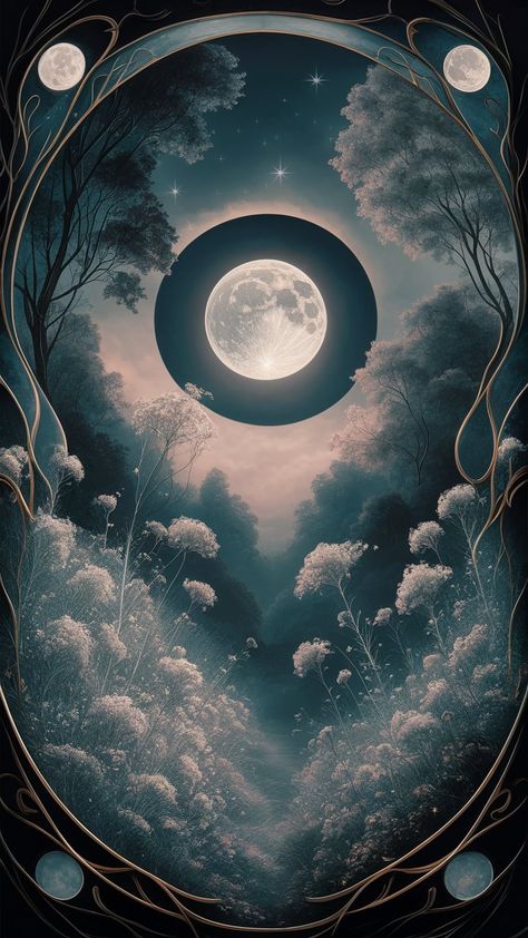 Immerse yourself in this exquisite digital painting that captures a tranquil moonlit landscape. The mesmerizing full moon casts a soft, silvery glow on delicate wildflowers, while majestic trees stand silhouetted against the indigo sky adorned with stars. This artwork beautifully blends Impressionism's dreamy brushstrokes with Art Nouveau's flowing lines. Perfect for art lovers and those seeking serenity in nature. #DigitalArt #MoonlitLandscape #Impressionism #ArtNouveau Moonlit Landscape, Beautiful Landscape Wallpaper, Landscape Wallpaper, Art Lovers, Photo Inspo, In Nature, Impressionism, Brush Strokes, Full Moon