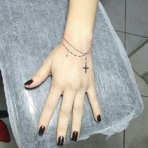 Hand Tattoos For Women Cross, Tattoos For Women Cross, Small Hand Tattoos For Women, Cross Necklace Tattoo, Cross Tattoo On Hand, Wrist Tatoo, Small Cross Tattoos, Membentuk Alis, Tattoo On Hand