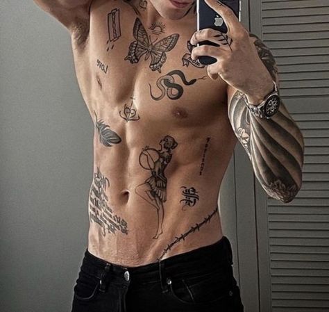 Ab Tattoo Men, Cool Chest Tattoos For Guys, Male Tattoos Aesthetic, Aesthetic Tattoo Men Arm, Tattoo Boy Aesthetic, Ribs Tattoo, Ab Tattoo, Tattoo Ideas Unique, Torso Tattoos