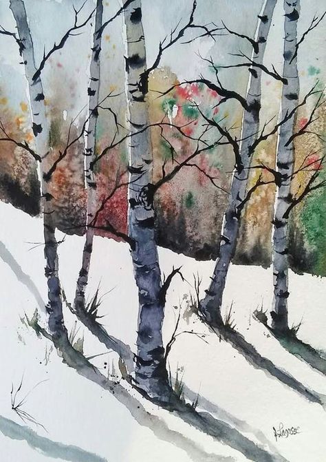 Painting Of Trees, Birch Trees Landscaping, Birch Tree Art, Birch Tree Painting, Winter Watercolor, Tree Landscape, Landscape Watercolor, Winter Painting, Watercolor Landscape Paintings