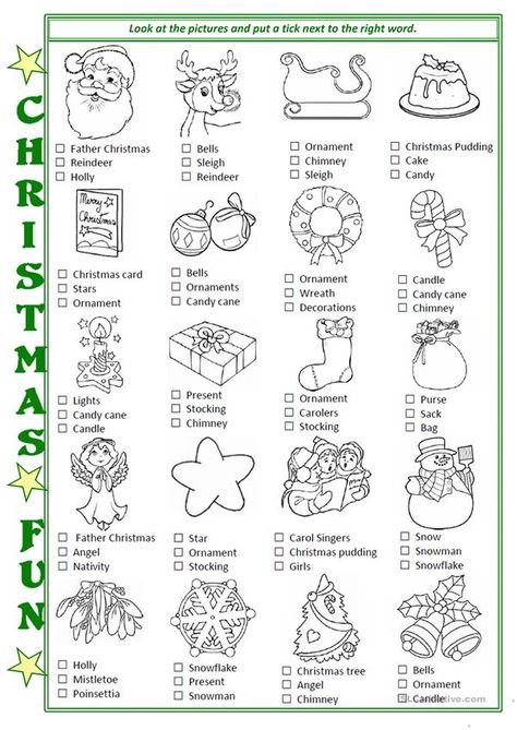 Christmas Activity - English ESL Worksheets for distance learning and physical classrooms Activity For Christmas, Christmas Worksheet, Word Vocabulary, Christmas Lesson, Christmas Activity Book, Fun Christmas Party Games, English Christmas, Christmas Worksheets, Kids English