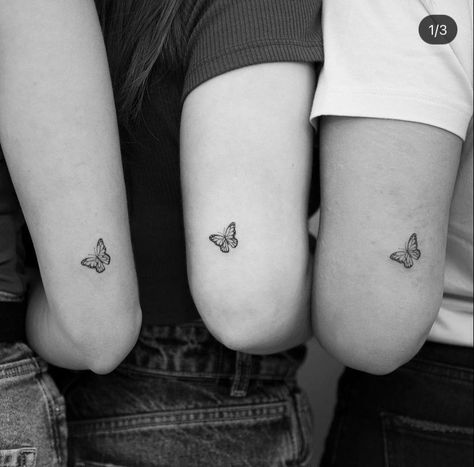 Friends Black Women, Black Women Butterfly, Best Matching Tattoos, Three Sister Tattoos, Friendship Tattoos For 3, Matching Cousin Tattoos, Small Friendship Tattoos, Best Friends Black, Matching Friendship Tattoos