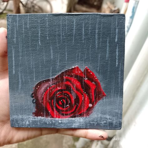 Red Rose Acrylic Painting, Sentimental Painting Ideas, Raining Painting Acrylic, Acrylic Painting Rose, Red Aesthetic Painting, Rain Canvas Painting, Rain Painting Acrylic, Rose In Rain, Red Paintings Canvas