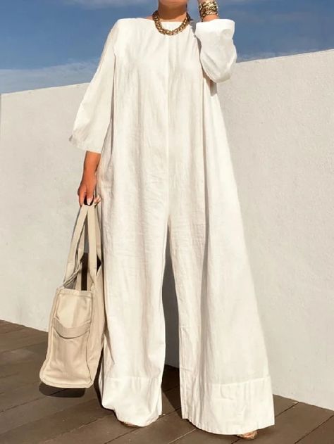 Long Sleeves Loose Solid Color Jumpsuits Loose Jumpsuit Pattern, Wide Leg Jumpsuit Pattern, Plain Jumpsuits, Trench Coat Dress, Solid Color Jumpsuits, Loose Jumpsuit, Jumpsuit Pattern, Linen Jumpsuit, Linen Style