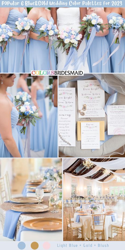 Color Palettes 2023, Gold And Blush Wedding, Ice Blue Bridesmaid Dress, Blue Bouquets, Blue And Gold Wedding, Royal Blue Bridesmaids, Light Blue Bridesmaid Dresses, Light Blue Bridesmaid, Blush Wedding Colors