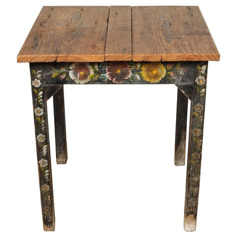 Vintage table with Classic Mexican floral designs from Olinala in state of Guerrero. Wear to the paint especially on the legs. Raw wood table top and painted base with yellow, red and blue flowers. Raw Wood Table, Table With Flowers, Mexican Pattern, Hand Painted Table, Refinishing Furniture Diy, Flowers Painted, Wood Table Top, Funky Furniture, Painted Table