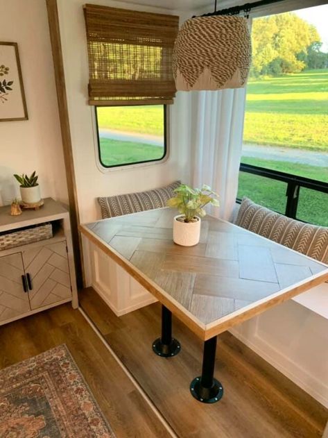 Camper Booth Remodel, Diy Rv Furniture Ideas, Camper Dining Area Remodel, Rv Round Dining Table Ideas, Rv Booth Replacement, Rv Dinette Table Makeover, Rv Tables Ideas, Rv Banquette Remodel, Rv Dining Table Makeover