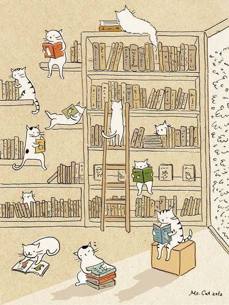 Söt Katt, Cat Reading, Image Chat, 캐릭터 드로잉, Cat Books, Cats Illustration, Pusheen, Cat Illustration, The Library