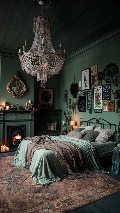 This dark sage green bedroom combines rich tones with bohemian textures for a dreamy Romantic Bedroom Decor Cozy, Green And Purple Bedroom, Moody Bedroom Decor, Modern Victorian Interior Design, Green Boho Bedroom, Modern Victorian Interiors, Dark And Moody Bedroom, Victorian Interior Design, Green Bedroom Decor