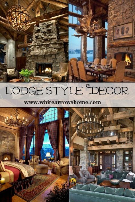 Lodge style decor on Welcome Home Sunday. Mountain Lodge Decor, Lodge Interiors, Log Home Decor, Lodge Style Decorating, Lodge Living Room, Lodge Style Home, Art Deco Style Interior, Lodge Ideas, Ski Lodge Decor