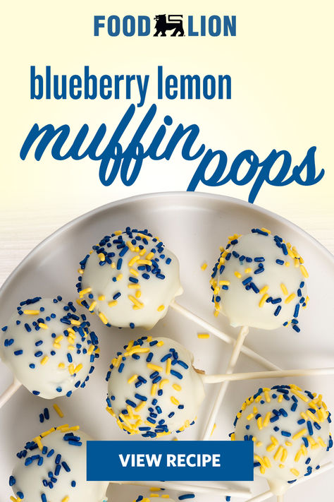 Berry Lemon Muffin Pops Lemon Blueberry Cake Pops, Blue And Yellow Desserts, Muffin Pops, Blueberry Cake Pops, Ffa Banquet, Cake Pop Flavors, Pops Recipes, Simpsons Party, Muffin Flavors