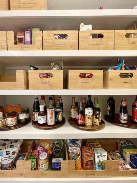 PANTRY UPDATE🥫🧂 We added bamboo and water hyacinth bins to contain all the dry goods, and lazy Susans for easy access to all the sauces.  #thelittledetails #lifemadesimple #getorganized #professionalorganizer #organization #declutter #home #homeorganizing #organizedhome #inspiration #homesweethome #interiors #organize #tidyup #organizeyourlife #organizedneatly #pantry Pantry Sauce Organization, Wooden Pantry Organization, Bamboo Pantry Organization, Sauces Organization, Sauce Organization, Pantry Basket Organization, Bee Organization, Cupboard Organization Ideas, Organizing Techniques