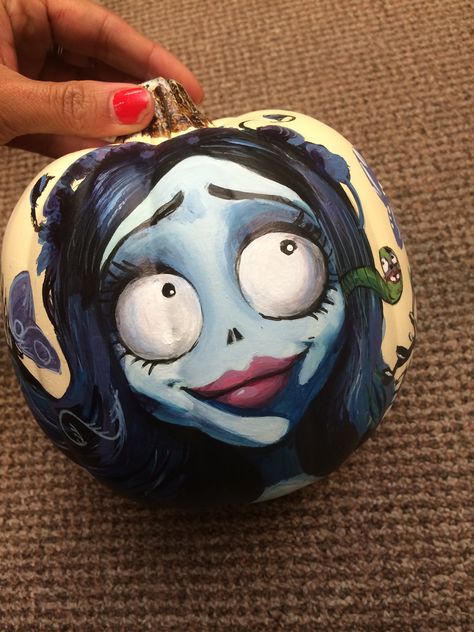 #corpsebride #halloween #pumpkin #decorative #handpainted by me Pumpkin Painting Ideas Halloween Scary, Halloween Pumpkins Painted Characters, Detailed Pumpkin Painting Ideas, Pumpkin Painting Ideas Emily Corpse Bride, Detailed Painted Pumpkin, Scary Punkin Painting, Cool Things To Paint On A Pumpkin, Emily Corpse Bride Pumpkin Painting, Corpse Bride Painted Pumpkin