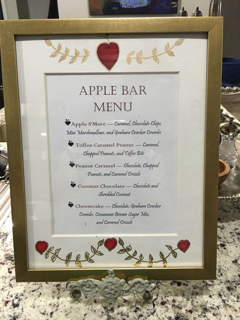 Apple Bar Menu for Wedding. Caramel Apple Bar. Fall. Apple Bar Ideas Fall, Carmel Apple Bar For Wedding, Caramel Apple Bar Sign, Caramel Apple Bar Wedding, Apple Bar For Teachers, Apple Bar Ideas, Sunshine Cart, Caramel Apple Bar, Candy Apple Bars