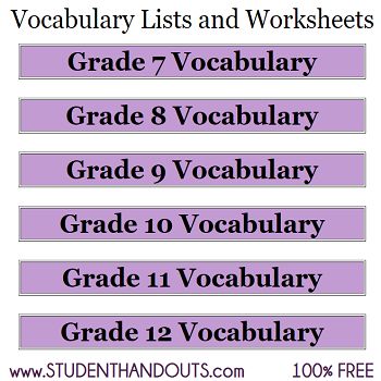 Vocabulary Lists and Worksheets for Grades 7-12 | Student Handouts 8th Grade Vocabulary List, High School Vocabulary List, Vocabulary Worksheets Middle School, Good Vocabulary Words Student, 7th Grade Vocabulary Words, Homeschooling 7th Grade, Free Middle School Printables, 7th Grade Homeschool, High School Vocabulary