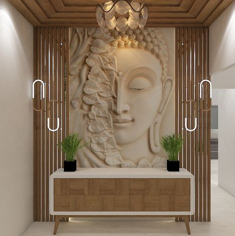 Tv Unit With Buddha Statue, Buddha Decor Entryway, Foyer Design Modern Entrance, Modern Tv Room, Foyer Wall, Entrance Wall, Indian Wall Art, Luxury Living Room Decor, Buddha Decor