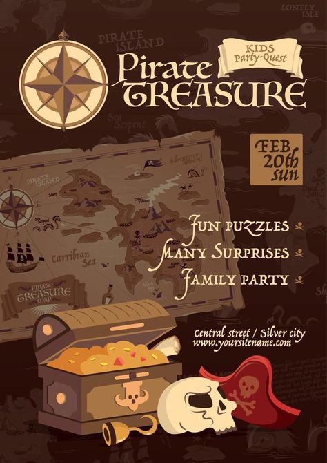 Pirate Treasure Poster Treasure Poster, Treasure Pirate, Kids Pirate Party, Pirate Illustration, Pirate Cartoon, Pirate Birthday Invitations, Pirate Treasure Maps, Pirate Island, Pirate Kids