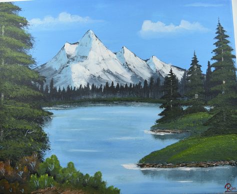 An easy acrylic painting with snowy mountains, grassy land, evergreens, bushes ... Easy Mountain Landscape Painting, Switzerland Painting Easy, Landscape Paintings Easy Acrylic, Snowy Mountains Painting Easy, Mountain Scenery Painting, Pond Drawing, Mountain Painting Acrylic, Easy Landscape Painting, Switzerland Painting