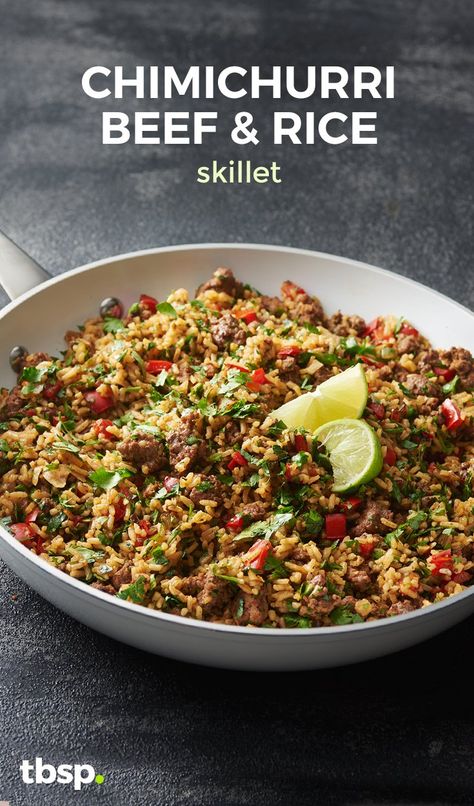 Beef Chimichurri, Chimichurri Beef, Beef And Rice Skillet, Argentinian Chimichurri, Argentine Recipes, Cilantro Recipes, Ground Beef Rice, Argentinian Food, Chimichurri Recipe