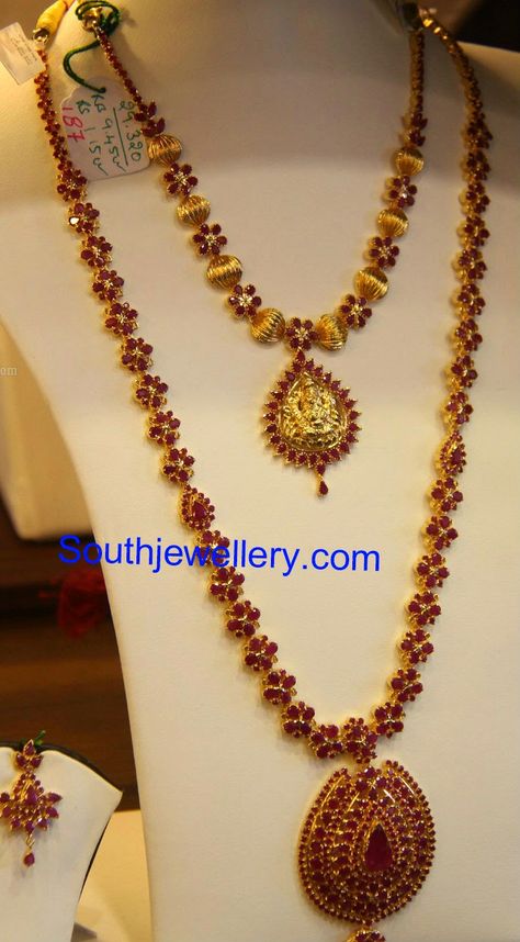 A simple gold balls and ruby flowers short necklace with Lakshmi pendant and a long ruby haram studded with rubies in floral pattern from Subham Jewellers, Hyderabad. Ruby Necklace Indian, Ruby Necklace Designs, Gold Ruby Necklace, Ruby Jewelry Necklaces, Latest Jewellery Designs, Latest Indian Jewellery, Haram Designs, Gold Jewelry Simple Necklace, Gold Necklace Indian Bridal Jewelry