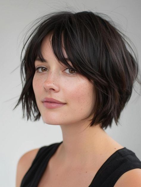 Bob Hair For Fine Hair, Katie Holmes Bob With Bangs, Fine Hair Bangs Short, Feathery Bob Hairstyles, Emma Stone Bob Haircut, Edgy Shaggy Bob, 90s Choppy Bob, Bob Haircut Layered Short, Short Bob Inspiration