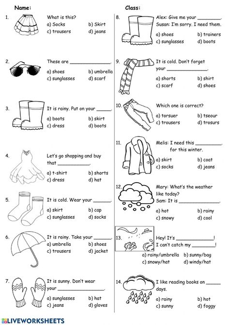 Weather and clothes online worksheet for primary school grade/4. You can do the exercises online or download the worksheet as pdf. Primary 4 English Worksheets, Worksheet For Primary School, Clothes Worksheet For Grade 1, Evs Worksheet For Class 1 Clothes, Weather And Clothes Worksheet, My Clothes Worksheet, Grade 4 English Worksheets, Clothes Worksheets For Kids, Weather Worksheets For Kids