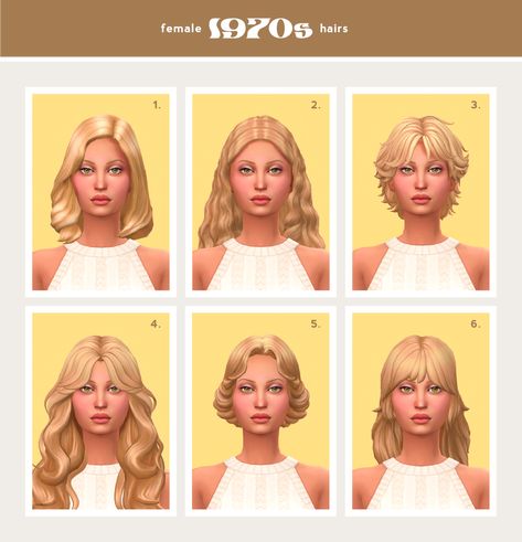 FEMALE CC HAIRS - 1970s One of my personal favourite decades! 70s hair is usually associated with Farrah Fawcett’s iconic feathered ‘do, but there was actually a lot of variety in styles during that... Sims 4 50s Hair, Sims 4 70s Cc, 1930 Hair, Sims Legacy Challenge, Ultimate Decades Challenge, Sims 4 Historical Cc, Legacy Challenge, 1970s Hairstyles, Sims 4 Historical