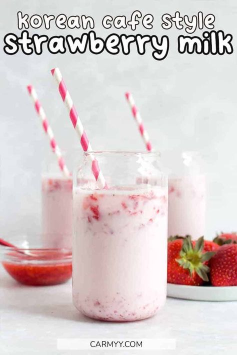 Made with just three simple ingredients, this Korean Style Strawberry Milk is going to be a household favourite! Fresh strawberries blended up and then mixed with milk, this sweet strawberry milk is absolutely refreshing! Homemade Strawberry Milk, Strawberry Oat Milk Recipe, Milk And Strawberry, Strawberry Milk Recipe Korean, Fresh Strawberry Milk, Healthy Strawberry Milk, Strawberry Frosting, Flavored Milk, Strawberry Puree