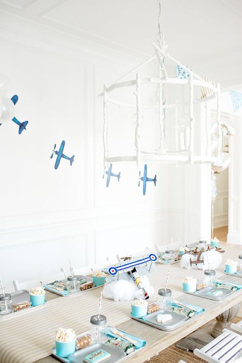 Airplane Birthday Party Monika Hibbs Airplane Balloon Centerpieces, Vintage Airplane First Birthday Party, Aeroplane Theme Birthday Party, Airplane Centerpieces, Paper Airplane Party, Aeroplane Party, Airplane Themed Birthday Party, Airplane Party Theme, Cloud Birthday