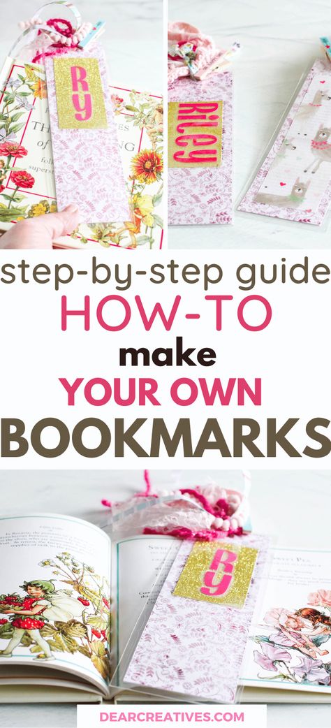 DIY Bookmarks - See how to make your own bookmarks. This DIY bookmark idea is easy to make and you can make personalized bookmarks. This is an easy way to make a bookmark them and keep your spot when reading. I think anyone who reads or is a book lover can enjoy making one. Make them for kids, teens, or adults. You can personalize these with names, pretty cardstock, pretty papers, ribbons, lace, and scrap materials... Make your own Bookmarks - Get guide and step-by-step DIY at DearCreatives.com Make Your Own Bookmarks, Diy Bookmark Ideas, Make A Bookmark, Diy Hand Soap, Homemade Bookmarks, Diy Bookmark, Handmade Bookmarks Diy, Felt Bookmark, Bookmark Ideas