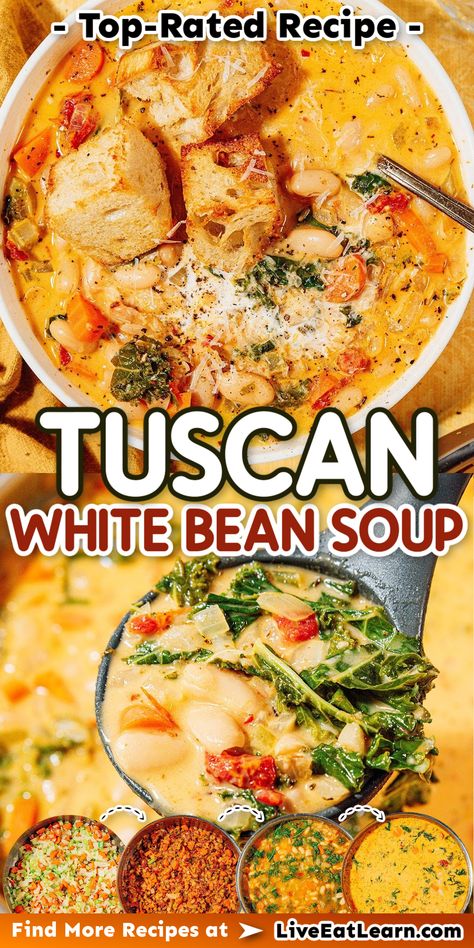 Image of the tuscan bean soup being prepared on the stove and then served in a dish. Text reads 'top rated recipe.' Canned White Bean Recipes, White Bean Soup With Kale, Bean Soup With Kale, Creamy White Bean Soup, Vegetarian Italian Recipes, Tuscan White Bean Soup, Tuscan White Bean, Soup With Kale, Tuscan Bean Soup