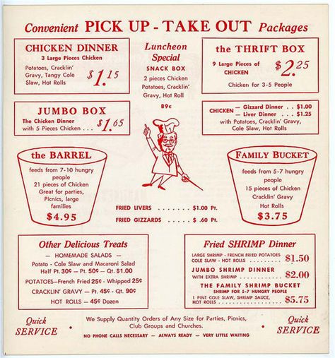 ***Kentucky Fried Chicken Menu-1960*** Kentucky Fried Chicken Menu, Vintage Fast Food, Kentucky Fried Chicken, Chicken Menu, Fast Food Menu, Kentucky Fried, Vintage Menu, Vintage Food, Vintage Restaurant