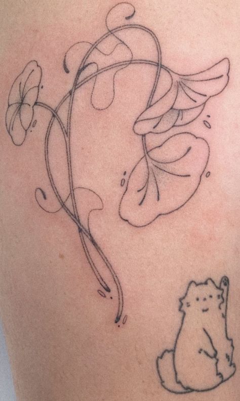 Art Neuvo Tattoos, Womens Lower Stomach Tattoos, Lily Pads Tattoo, First Love Late Spring Tattoo, Lilly Pad Tattoo Ideas, Nasturtium Tattoo Black And White, Frog On Lily Pad Tattoo, Stiple Shade Tattoo, Pond Tattoo