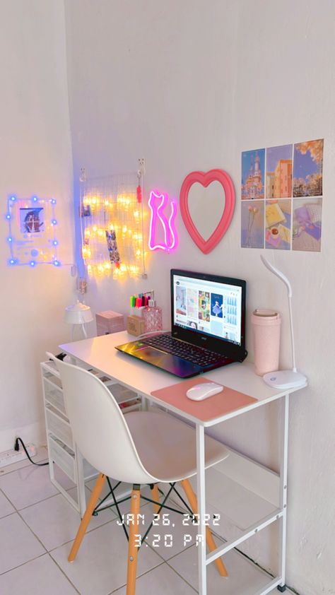 Desk Aesthetic, Aesthetic Desk, Desk Set, Aesthetic Room, Corner Desk, Led Lights, Desk, Led, Lighting