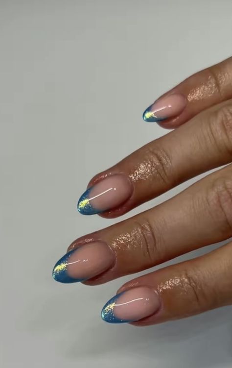 Chrome Blue Tip Nails, Nails For Blue Hoco Dress, Nails For Hoco Blue Dress, Blue Accent Nail Ideas, Nail Designs For Hoco, Teal Hoco Nails, Teal Chrome French Tip Nails, Disco Nail Designs, Sparkly Blue French Tip Nails Almond