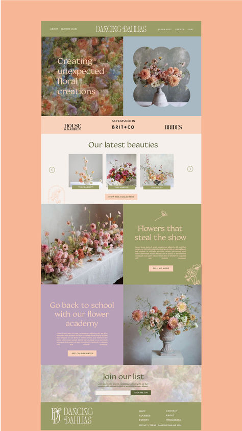 Homepage for a quirky, bold floral arrangement business who wants their website to standout like their bold, elegant flower designs and reflect their fun personality. Hand drawn flower icons, customised modern serif fonts, standout colour palette. Style is bold, unexpected, refined. #brandidentity #floristbranding #logodesign #floristlogo Like this? Click the link to see more of my work or have a chat about how we can work together