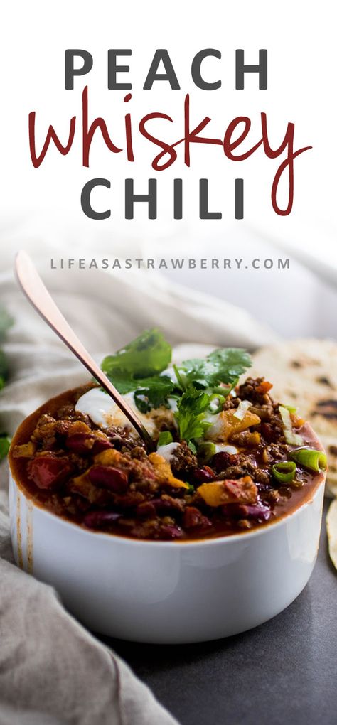 Peach Whiskey Chili - This easy homemade chili recipe is the perfect way to warm up on a cold day! A hint of sweetness from fresh peaches, plenty of spice, and a splash of whiskey make this easy beef chili a great twist on a classic weeknight dinner. Peach Chili, Easy Beef Chili, Easy Homemade Chili Recipe, Unique Chili Recipes, Easy Homemade Chili, Classic Chili Recipe, Peach Whiskey, Homemade Chili Recipe, Beef Chili Recipe