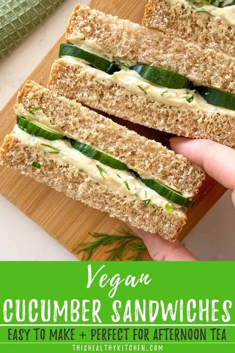 Tasty vegan cucumber sandwiches that are perfect for afternoon tea. They're so easy to make with just a handful of ingredients and about 10 minutes! Vegan Cucumber, Cucumber Sandwiches Recipes, Appetizer Board, Cucumber Tea Sandwiches, Vegan Sandwich Recipes, Tea Party Sandwiches, Tea Sandwiches Recipes, Party Sandwiches, Sandwich Fillings