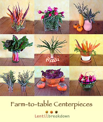 Lentil Breakdown: 10 Farm-to-table Centerpieces Fruit Table Decorations, Peter Rabbit Theme Party, Food Centerpieces, Vegetable Bouquet, Appetizer Display, Fruit Table, Radish Greens, Fruit Centerpieces, Two Lips