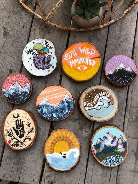 Boho Images, Wood Stumps, Boho Painting, Cute Paintings, Small Pictures, Home Decor Paintings, Rock Crafts, Small Paintings, Boho Art