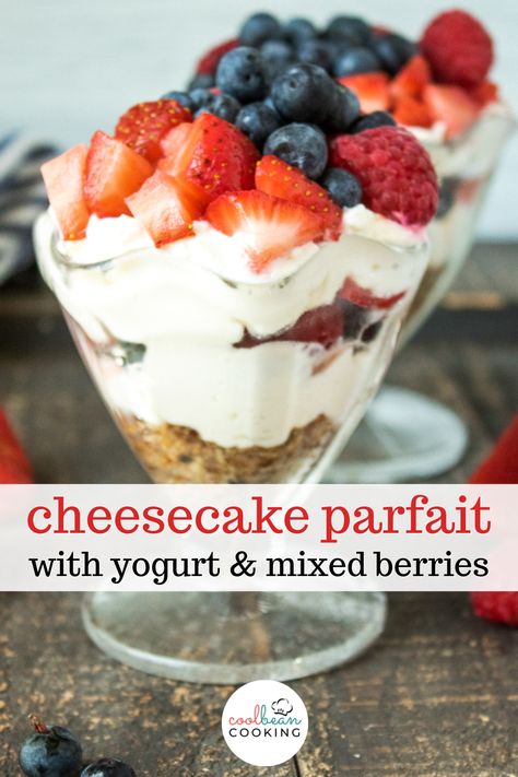 Sweet berries top this healthy parfait. Greek yogurt and cream cheese make a wonderful cheesecake filling sitting atop a crunchy crushed nut crust. Yogurt Parfait Bridal Brunch, Make Ahead Yogurt Parfait For A Crowd, Fruit And Cream Cheese Dessert, Deserts With Cream Cheese, Mixed Berry Cheesecake, Cheesecake Parfait, Healthy Parfait, Eid 2024, Cream Cheese Breakfast