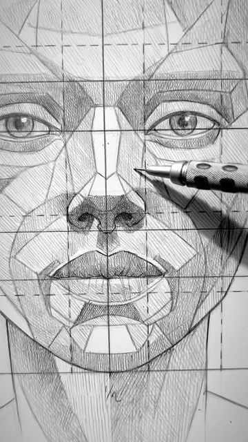 4c6cc0c07ea0757048a07e89550213d2 Detailed sketch of a geometric facial drawing with pen on paper. | Sky Rye Design Drawing With Pen, Drawing The Human Head, Portrait Drawing Tips, Facial Proportions, Face Proportions, Human Body Drawing, Pen On Paper, Drawing Heads, Face Sketch