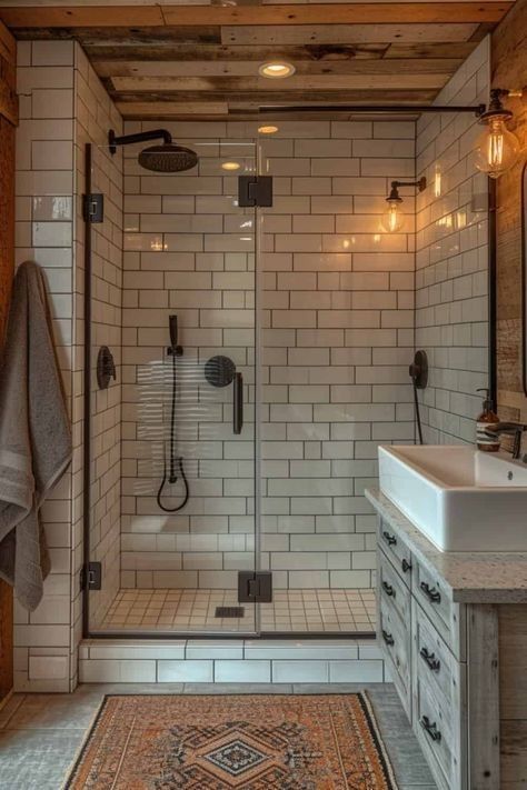 Toilet Next To Shower Stall Small Bathroom, Farmhouse Doorless Showers Walk In, Walk Out Shower Ideas, Rustic Small Shower Ideas, Bathroom Remodel No Tile, Remodeled Showers Walk In, Small Walk In Bathroom Ideas, Walk In Shower No Door Farmhouse, 4x5 Shower Ideas