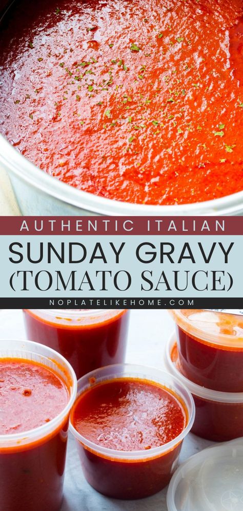 Get ready for a big pot of this homemade condiment! Nothing beats this Authentic Italian Sunday Gravy. Rich in color with a wonderful flavor, this homemade tomato sauce is perfect for any pasta dish. This easy sauce recipe is also vegetarian, vegan, and gluten-free! Best Italian Tomato Sauce Recipe, Italian Gravy Recipe, Italian Sunday Gravy, Sunday Gravy Recipe, Italian Sauce Recipes, Homemade Spaghetti Sauce Recipe, Sunday Gravy, Red Sauce Recipe, Italian Pasta Sauce