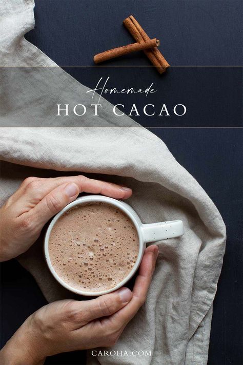 Hot Cacao Drink, Coffee With Coconut Milk, Aesthetic Hot Chocolate, Hot Chocolate Aesthetic, Cacao Hot Chocolate, Cacao Drink, Cacao Powder Recipe, Hot Chocolate Ideas, Hot Cacao