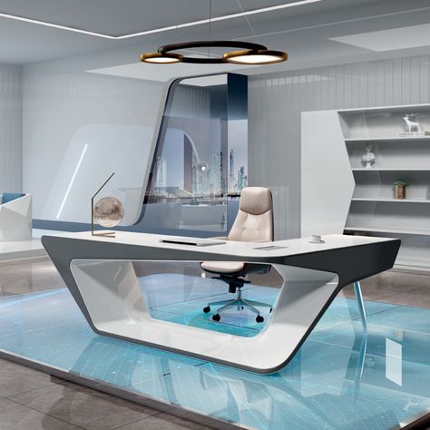 Futuristic Office Interior, Boss Office Interior Design, Manager Room, Desk Modern Design, Luxury Office Furniture, Cash Counter, Ceo Office, Office Table Design, Wood Table Design